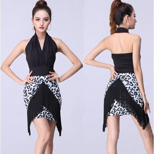2020 Adult Latin Ballet Dancewear Fringe Leopard Skirt Women Latin Training Body Latin Tops Black Dance Practice Figure Costume