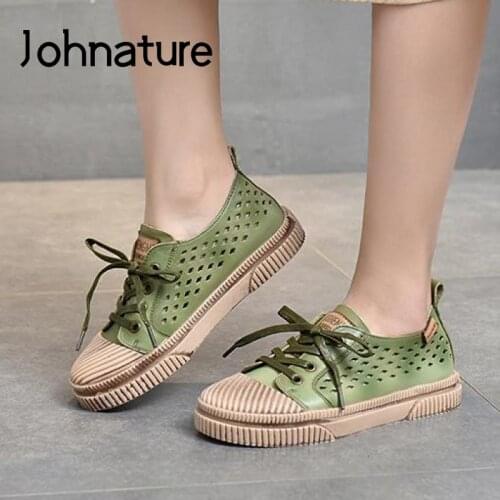 Johnature Women Sneakers Summer Shoes Genuine Leather Sandals Lace-Up Hollow 2021 New Handmade All-Match Platform Sneakers