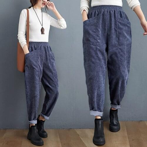Women Casual Solid Corduroy Harem Pants For Autumn High Waist Pocket Trousers Vogue Elegant Super Elastic Oversized Harem Pant