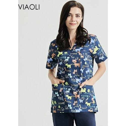 Dog print V-neck Beautician workwear scrub tops Short Sleeved pet store work clothing fashion design Health service women suits