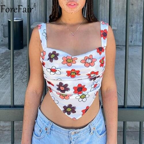 Forefair 2021 Floral Print White Y2k Crop Top Summer Sleeveless Ruched Backless Fashion Casual Sexy Women Tank Tops Vintage