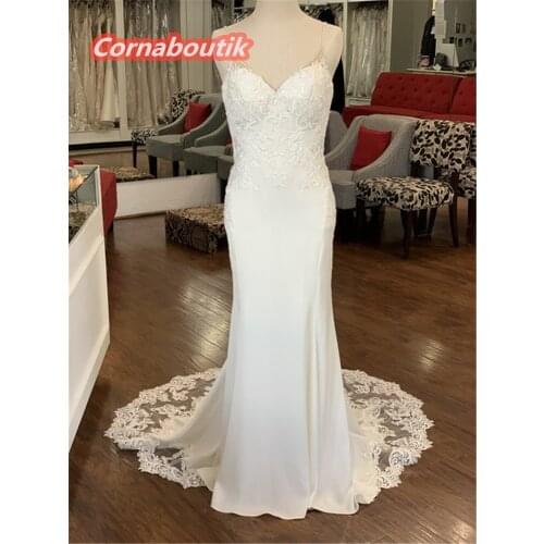 New Arrival Mermaid Wedding Dress COR-014 Crepe Formal Bridal Gowns Lace Appliquse Spaghetti Straps Beaded Vestidos De Novia