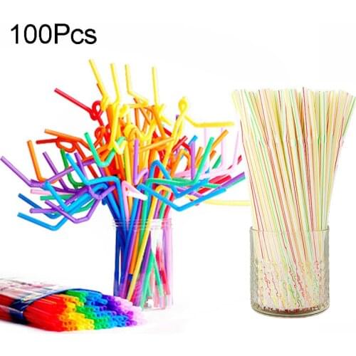 100pcs 21/26cm Colorful Transparent Disposable Plastic Curved Drinking Straws Wedding Birthday Party Bar Home Striped Straw