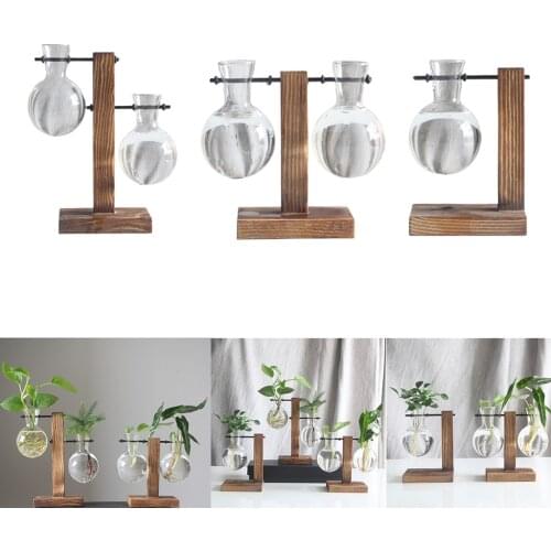3pc Desktop Glass Planter Bulb Vase W/ Retro Wooden Stand For Hydroponics Plants