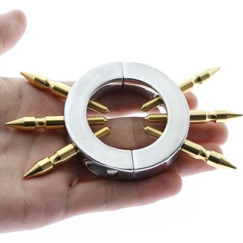 BDSM Male Chastity Device Penis Torture Golden Cock Ring Scrotum Pendant Kalis Teeth Spike Penis Ring Male Torture Sex Toys