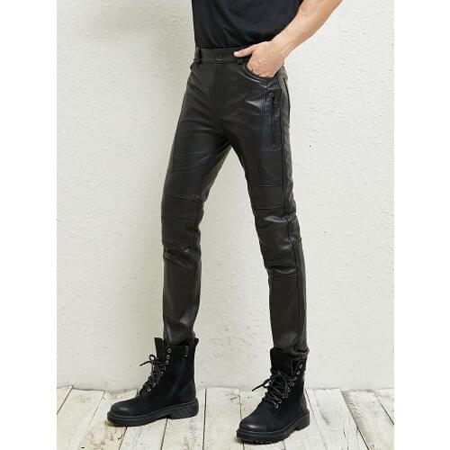 High quality New Mens Genuine Leather Pants Men Tight Locomotive Trousers Korean male Moto Natural sheepskin pencil pants 30-36