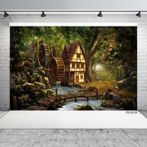 Water Wheel Stream Cabin Trees Photo Background Computer Printed Backdrop for Children Baby Scenery Photophone Photography Props