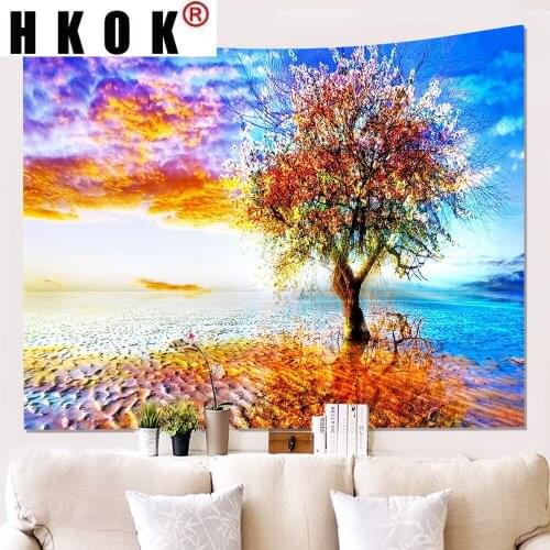 HKOK Tree River Natural Landscape Tapestry Hanging Covering Rugs Background Cloth Beach Mat Blanket Art Bedroom Living Home Deco