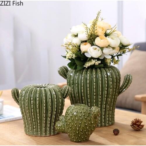 Creativity Cactus Ceramic Vase Potted Plants Decorative Flower Arrangement Ice Cracked Porcelain Vases Living Room Decoration