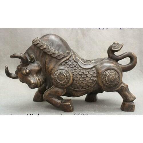 China Folk Pure Bronze Feng shui Dynasty Palace Wealth Iucky Ox Bull Oxen Statue