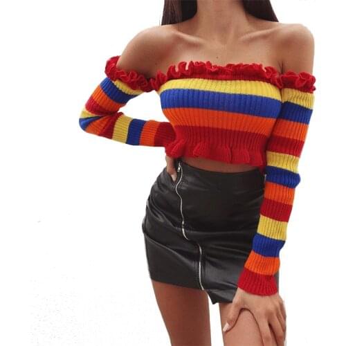 Rainbow Off Shoulder Top Crop Top Shirt for Women Femme Crochet Tops Shirt 2021 Cropped Feminino Streetwear Crop Top Manga Larga