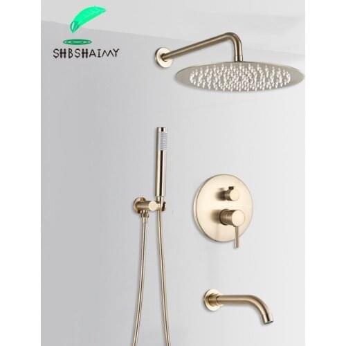 Brushed Gold Shower Faucet with Box Shower Set Wall Mounted Round Showerhead Hot Cold Mixer Tap Brass Handshower with 150cm Tube