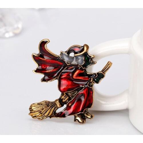 Fashion Creative Flying Mop Witch Brooches Red Elegant Skirt Vintage Metal Pin for Women Enamel Brooch Jewelry Accessories