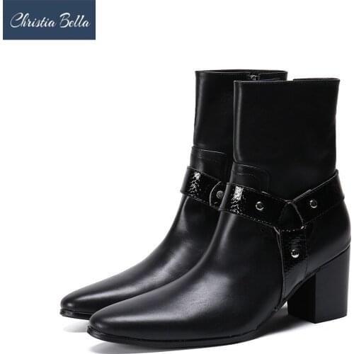Christia Bella British Style Genuine Leather Men Boots High Heels Ankle Boots Pointed Toe Male Party Boots Formal Dress Shoes