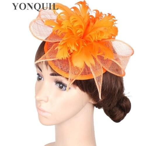 Orange Sinamay Hats Feather Flower Fascinators For Women Formal Party Hats Bridal Hair Accessories Women Cocktail Hats XMF392