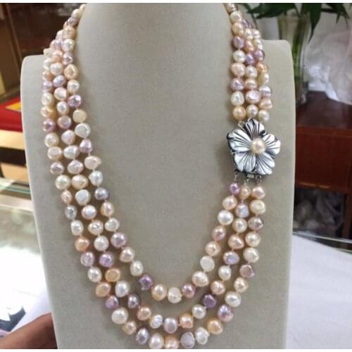 NEW 3row 8-9mm Baroque White Pink Purple multicolor Freshwater Pearl Necklace 20 inches shell flowers clasp