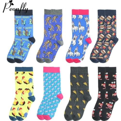 PEONFLY Harajuku Cartoon Socks Men Funny Dog Monster Flamingo Printed Calcetines Novelty 2020 Spring Casual Cotton Happy Socks