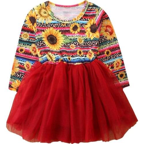 Little Girls Sunflower Dress Long Sleeve Print Flower Tulle Princess Vestido Knee Length Casual Dresses for 12M-6Y Baby Girls