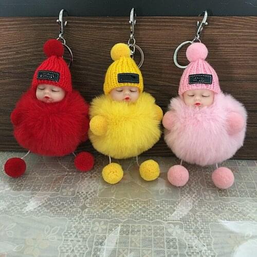 Pompom Sleeping Baby Keychain Cute Fluffy Plush Doll Keychains Women Girl Bags Keyrings Cars Key Ring Gift Charming Decoration