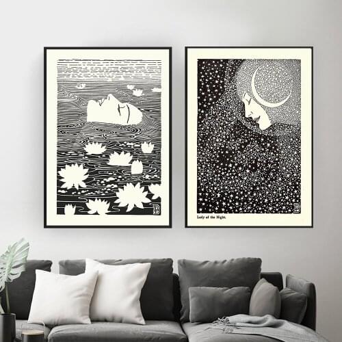 Celestial Astrology Art Nouveau Stars Goddess Poster Print Black and White Vintage Constellations Lily Pond Woman Wall Pictures