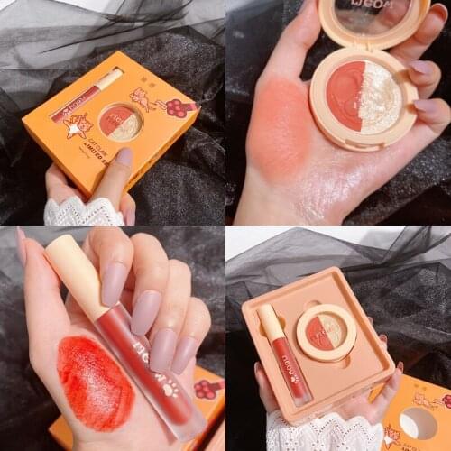 2 Color Face Blush Palette Highlighter Bronzer Palette + Lipstick Pigmented Cheek Blusher Natural Makeup Blush Contour EyeShadow