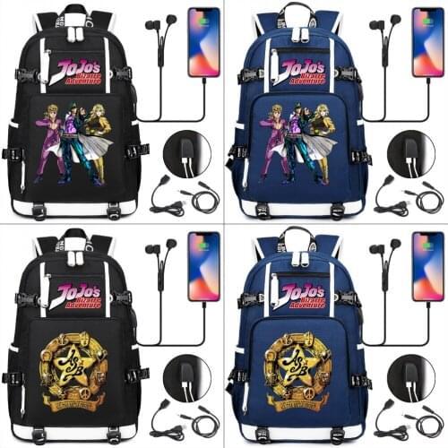 Student Backpack JoJos Bizarre Adventure USB Charging Headphone Teenager Rucksack Canvas Cartoon Schoolbag Travel Laptop Bag