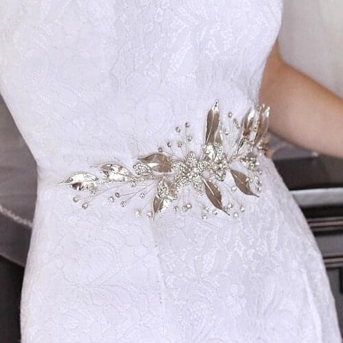 Silver Wedding Flower Belt Leaves Decorative Sash for Women Waistband Belt Alloy Floral Leaf Sash Bridesmaid Dress Belt B102
