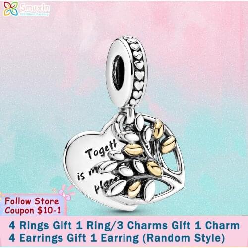 Smuxin 925 Sterling Silver Bead Two-tone Family Tree Heart Dangle Charm fit Original Pandora Bracelet Women Jewelry Making Gift