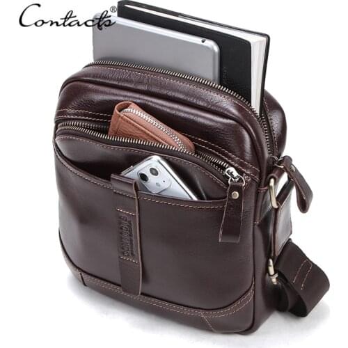 CONTACTS Genuine Leather Shoulder Bag for Men Full-grain Cow Leather Small Flap Male Crossbody Bags Brand Casual Handbags Bolso