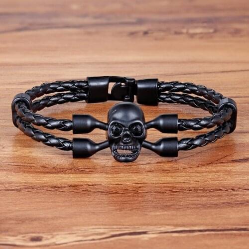 TYO Punk Style Skeleton Pattern Skull Design Double Layer Toggle-Clasps PU Leather Bracelet For Men & Boys Hand Jewelry Gift
