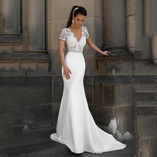 Elegant Mermaid Wedding Dresses 2021 V-neck Short Sleeves Satin See Through Illusion White Beach Bridal Gowns Lace Appliques