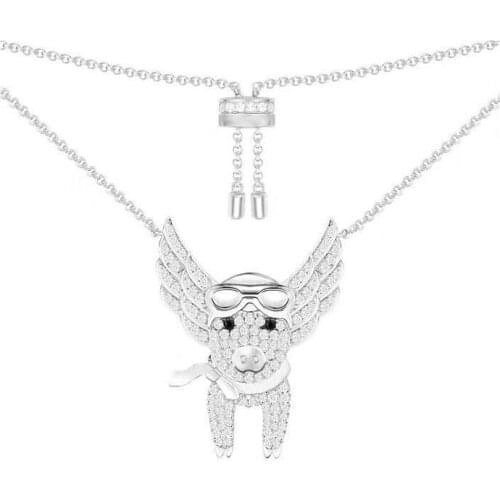 SLJELY Fashion Cute 925 Sterling Silver Micro Cubic Zirconia Flying Pig Pendant Necklace Adjustable Chain Women Fine Jewelry