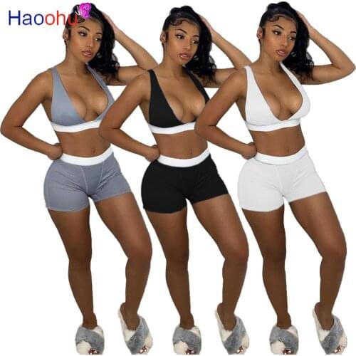 HAOOHU Two Piece Outfit Deep V Crop Top Biker Shorts Summer Clothes for Women Tracksuit Sexy Vacation Outfits Matching Sets