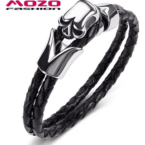 Fashion Bangle Men Jewelry New Hot Black Double Layer Leather Stainless Steel Punk Skull Charm Simple Bracelet PS1017
