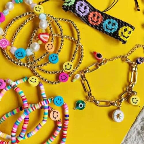 New Boho Rainbow Color Polymer Clay Rice Beads Smile Face Bracelet Set Summer Beach For Women Girl Handmade Jewelry Gift
