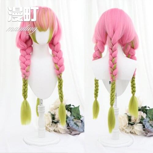 Blade of Demon Slayer Kanroji Mitsuri Cosplay Wig Kimetsu no Yaiba Long Ponytail Gradient Pink Green Three Braids Hair Halloween