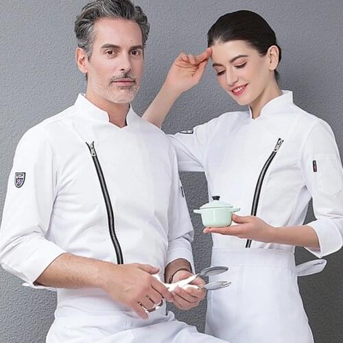 1 zipper stand up collar Chef Uniforms Men Women Food Services Cooking Clothes White Black