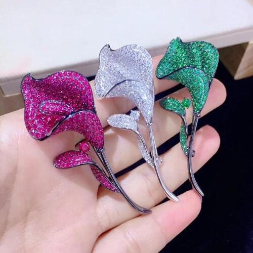 925 sterling silver with cubic zircon common calla flower brooch white green rose red color fine women jewelry for coat