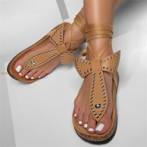 Women New Summer Sandals Flats Shoes Woman PU Leather Plus Size 34-43 Bohemia Bow Lace Rivet Sandalias Mujer Sapato Feminino