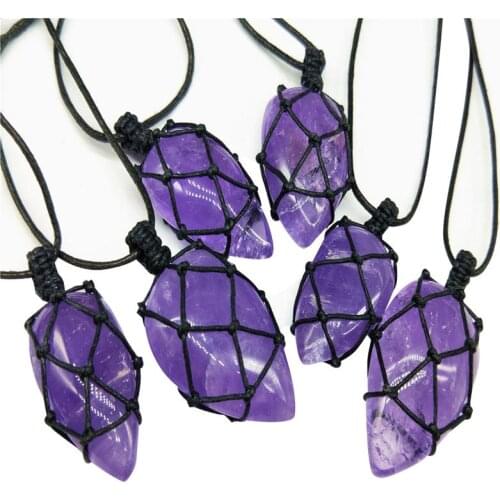 1Pc Natural Purple Drop Amethyst Quartz Crystal Black Thread Wrapped Pendant Vintage Healing Gemstone Wand Necklace Chain