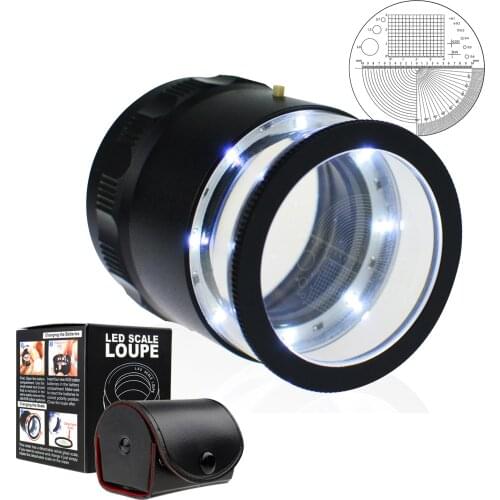 10x Magnification Scale Loupe (1/4/9) Interchangeable Glass Scale Chart 25mm Field of View with 8 LED Light