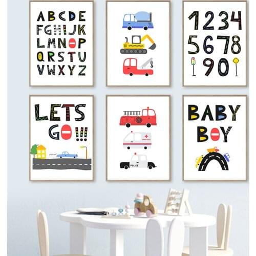 Vehicle Dump Truck Excavator Numeral Wall Art Canvas Painting Nordic Posters And Prints Wall Pictures Kids Boy Baby Room Decor