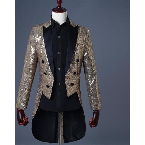 Shiny Gold Sequin Long Tuxedo Dress Blazer Men Nightclub Prom Mens Glitter Suit Tailcoat Jacket Wedding Party Stage Costumes