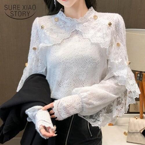 Spring Crochet Lace Blouse Women White Apricot Long Sleeve Blouse Women Casual Chic Floral Ladies Office Shirt Tops Blusas 13025