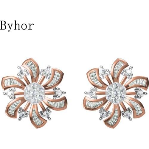Byhor Solid 14K White/Yellow+White/Rose+White Gold 0.772ct H/SI Natural Diamond Fine Jewelry Wedding Flower stud earrings Cерьги