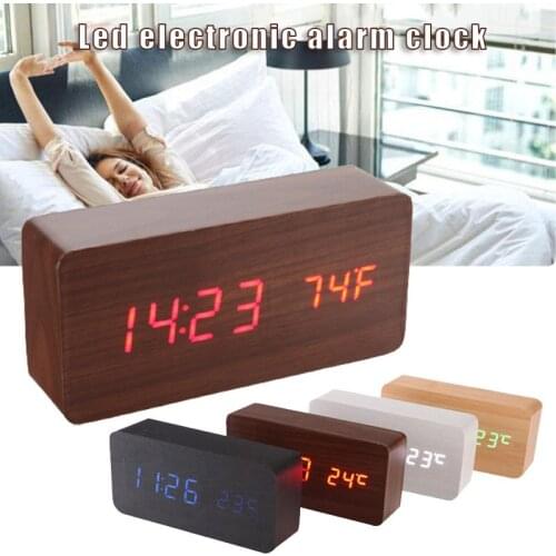 Household Multifunctional Rectangular Wood Clock Led Electronic Sound-Controlled Wood Watch Student Wake Up Alarm Clock School