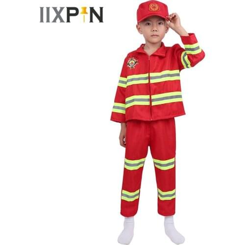 IIXPIN Kids Firefighter Cosplay Costume Boys Girls Long Sleeves Zipper Closure Tops Jacket with Pants Hat Clothes For Children