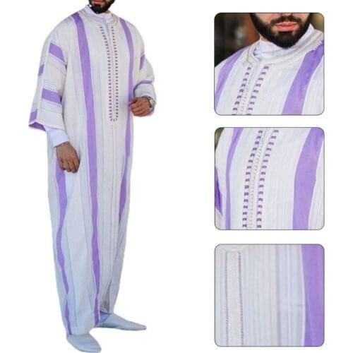 Islamic Kaftan Muslim Clothing Robes Mens Casual Striped Long Sleeve Loose Robe Fashion Mens Fashion Robes Arabia Thobe R7RF