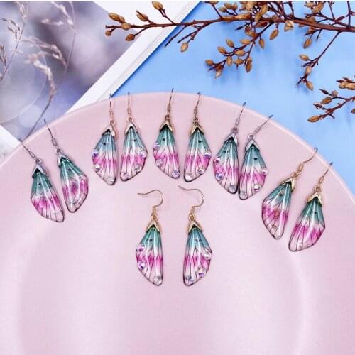 Minar Cute Pink Green Gradient Resin Cicada Wing Dangle Drop Earrings for Women Fairy Shiny Sequin Foil Butterfly Earring 2021