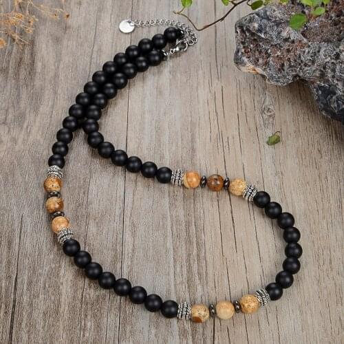 Mens natural map stone tiger eye stone frosted black agate beads are not beautiful steel necklace simple jewelry 45/50/60mm